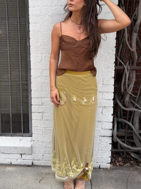 Free People Dresses & Skirts - One of a kind : Vintage Y2K Yellow maxi skirt with gold floral embroidery